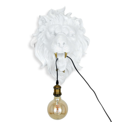 Lampada scultura da parete in resina bianca e oro a forma di testa di leone