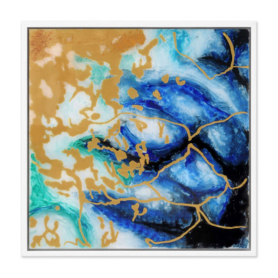 Quadro Mare Astratto su plexiglass con sinuose pennellate blu, azzurro e oro