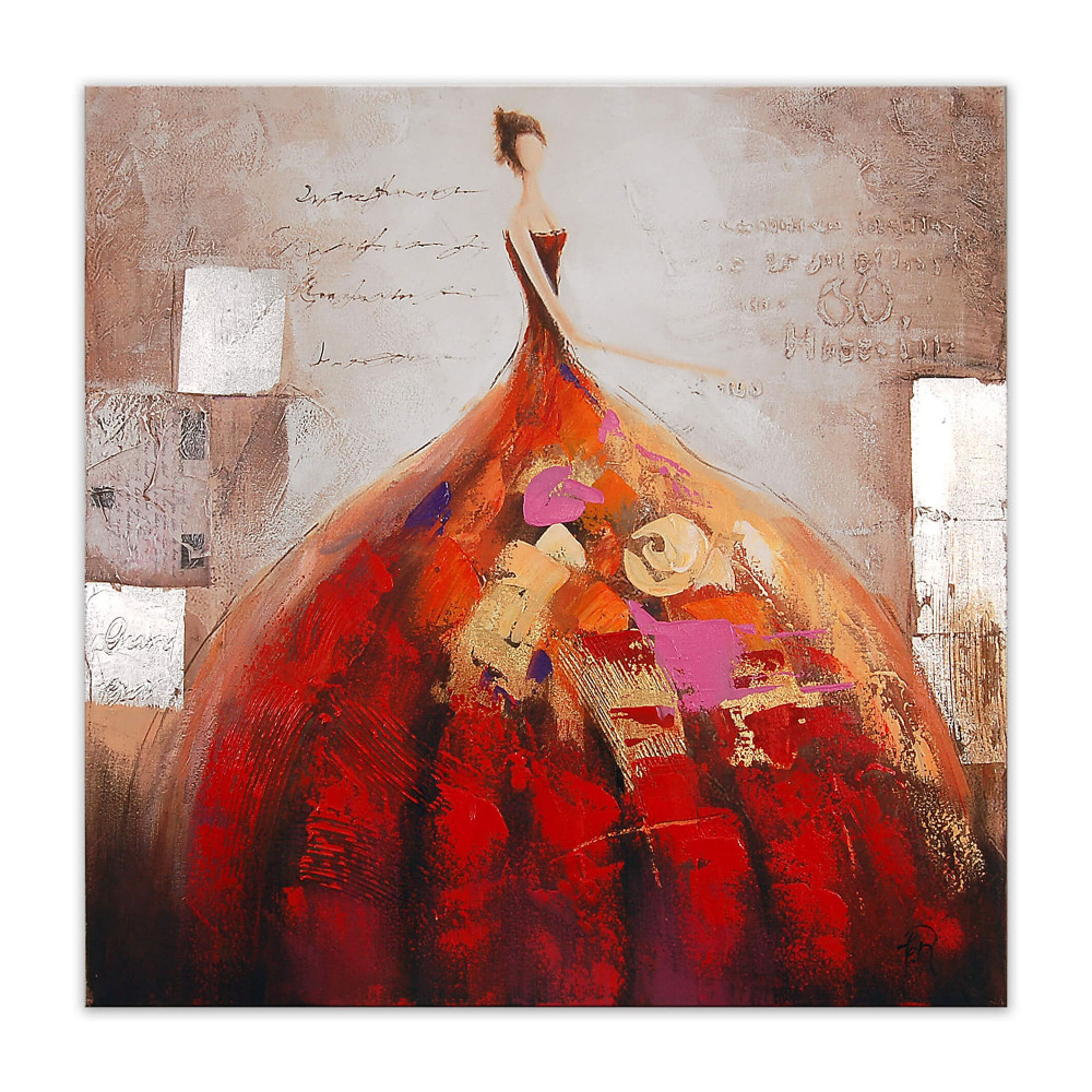 Quadro dipinto a mano ritraente donna con vestito molto vaporoso nei toni del rosso, dell'arancione e del rosa su telaio estetico in legno