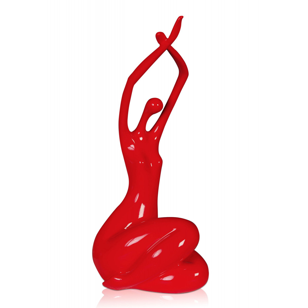 Scultura moderna in resina rossa laccata raffigurante una donna con le braccia distese verso l'alto