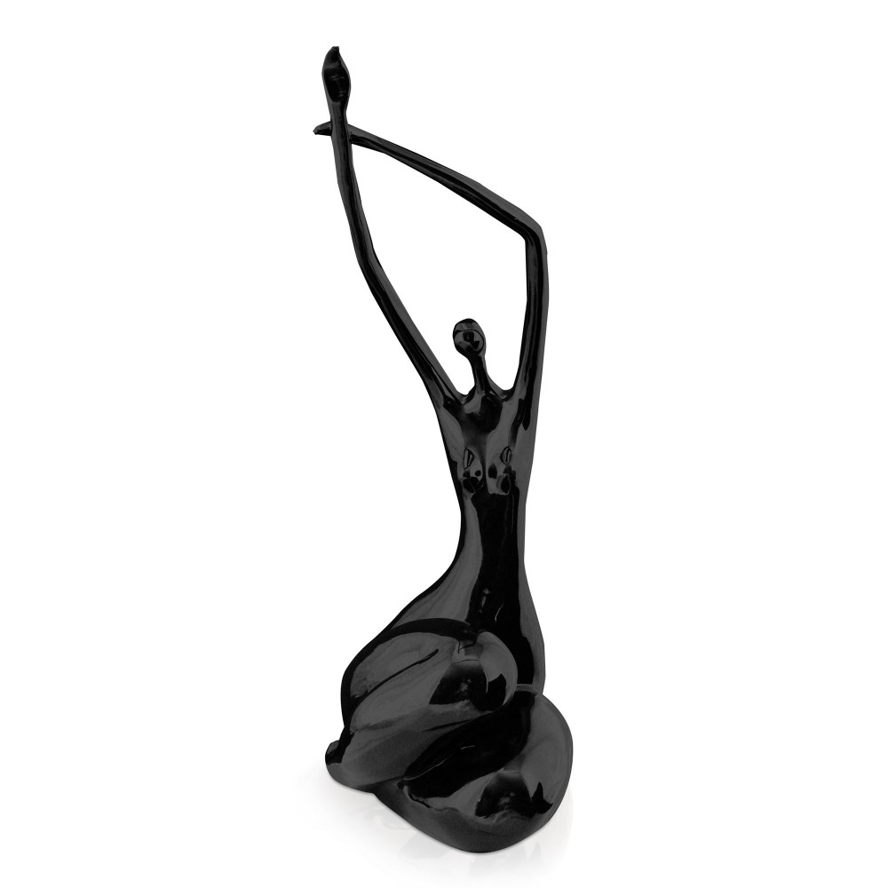 Statuetta in resina laccata nero con figura femminile che solleva braccia in alto stirandole