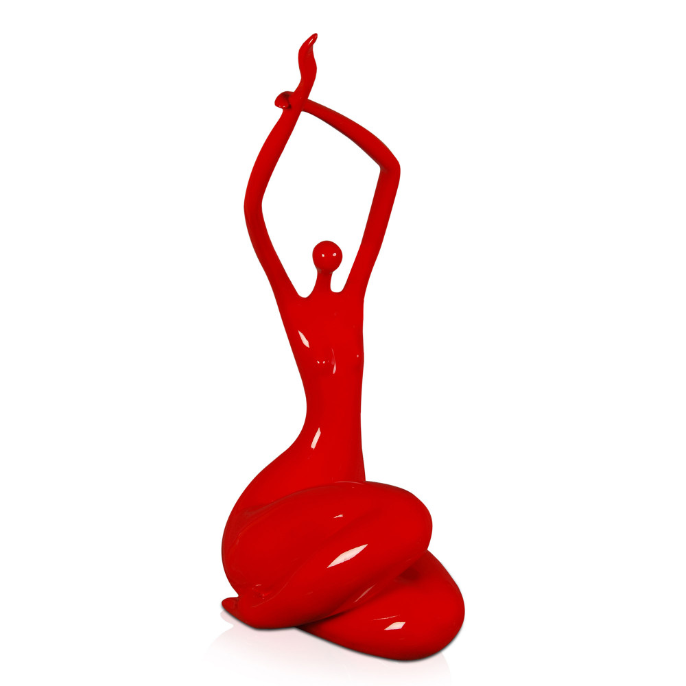 Statuetta figurativa in resina raffigurante una donna che solleva le braccia al risveglio in rosso