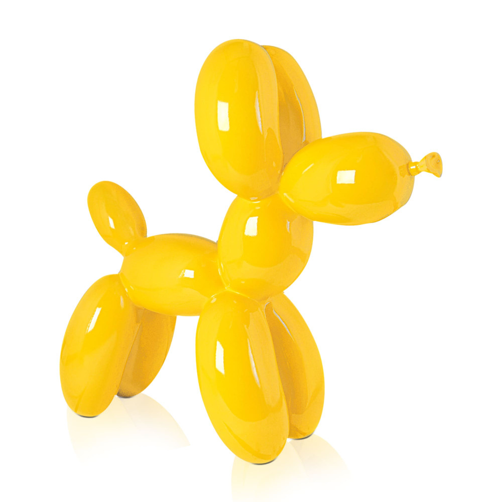Scultura in resina raffigurante un palloncino laccato sagomato a forma di cane giallo