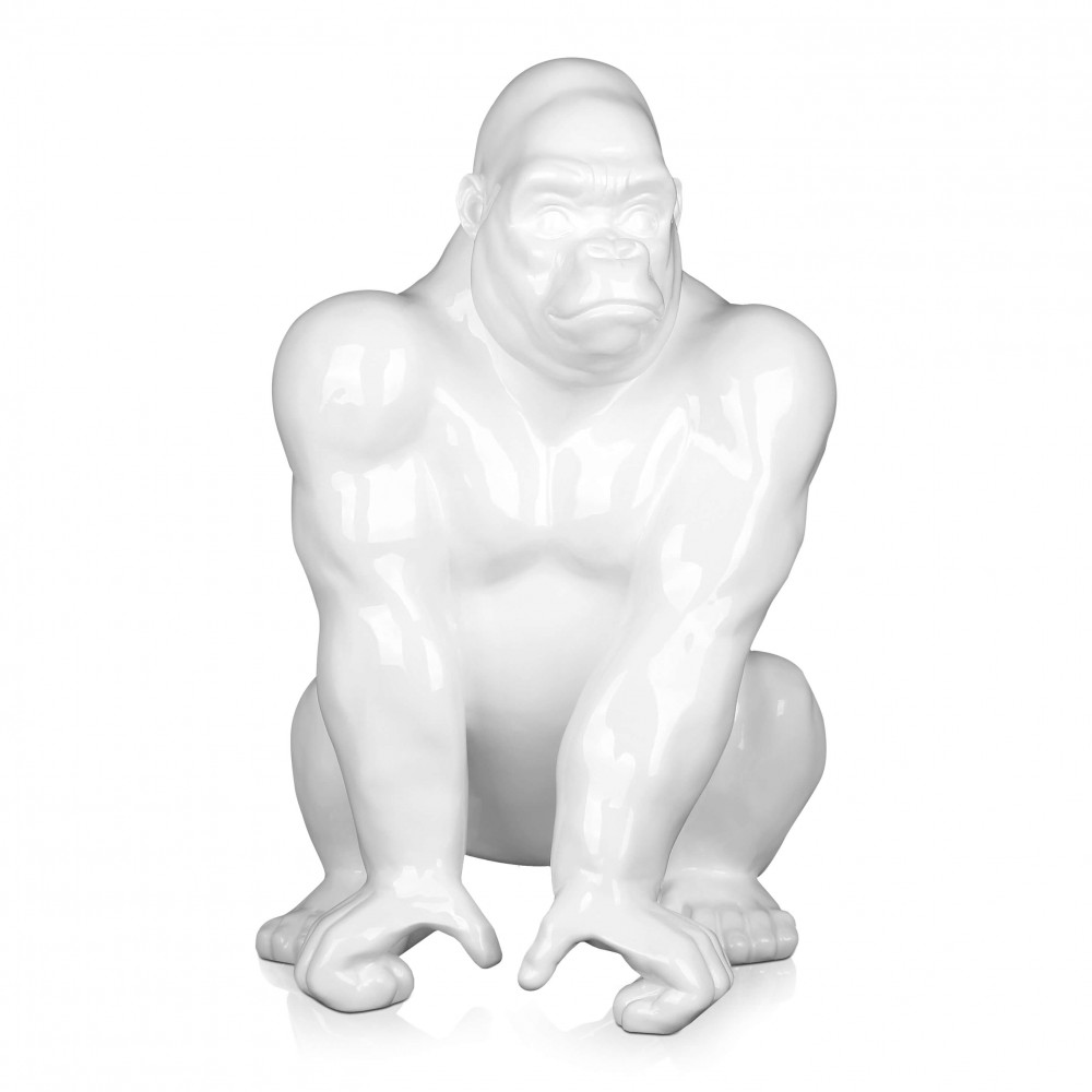 Statua in resina di colore bianco lucido raffigurante un orango bianco
