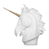 Scultura in resina di un unicorno bianco con corno color oro vista di lato