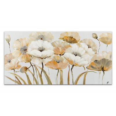 Dipinto materico floreale raffigurante un gruppo di fiori bianchi e beige
