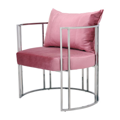 Poltrona moderna di design con base circolare in acciaio e rivestimento rosa