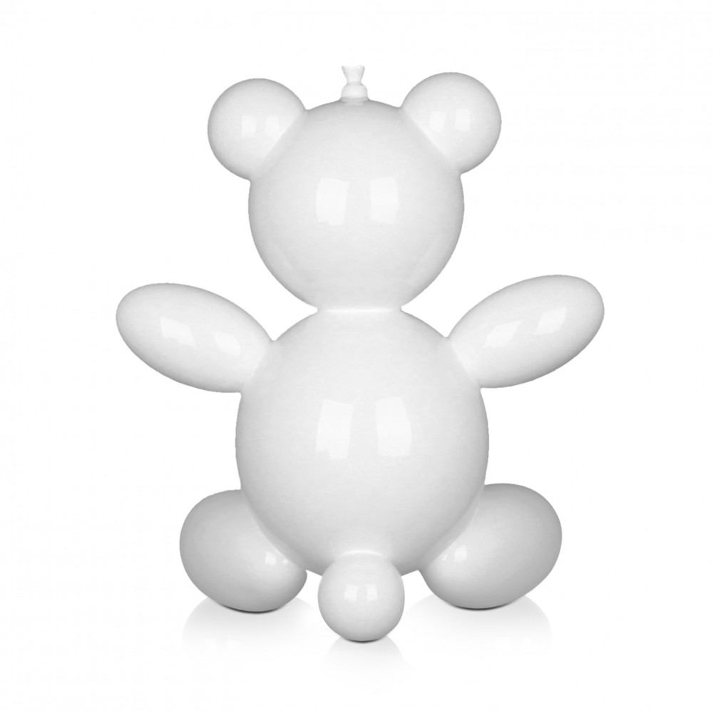 Vista posteriore di statuetta moderna ispirata a palloncino a forma di orsetto con tinta bianca