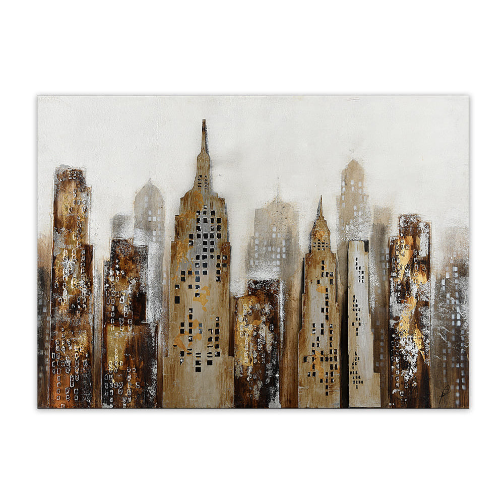 Quadro materico raffigurante un paesaggio urbano con grattacieli dipinti e in lamina metallica