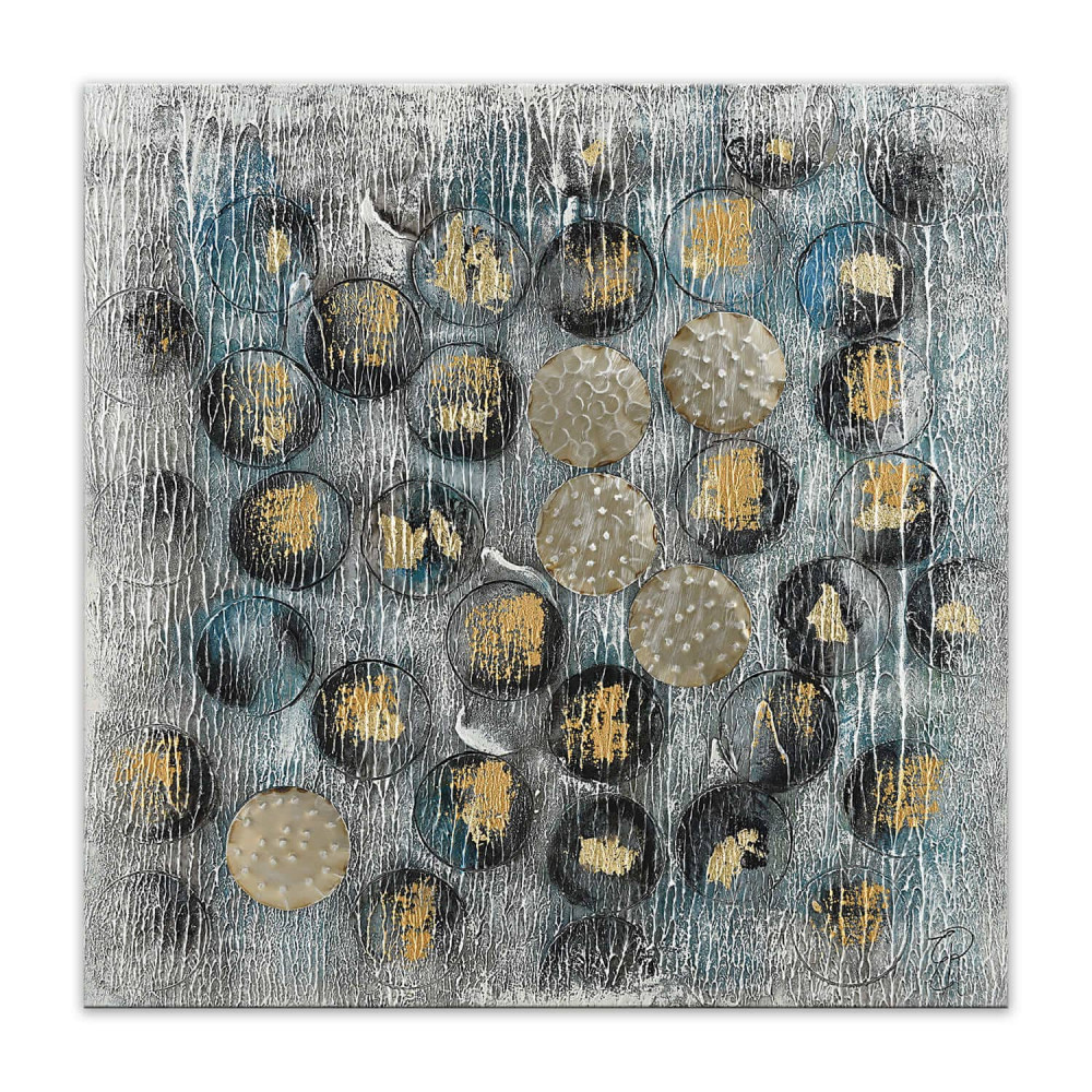 Dipinto materico con soggetto astratto caratterizzato da elementi circolari neri e oro su sfondo grigio e blu