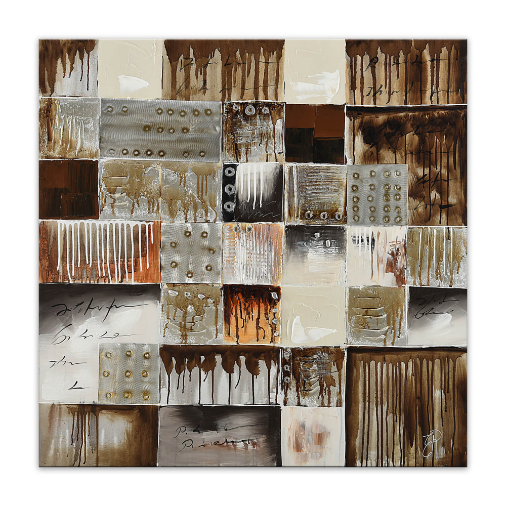 Quadro materico su telaio estetica raffigurante collage di elementi quadrati nei toni del marrone, del grigio e del beige
