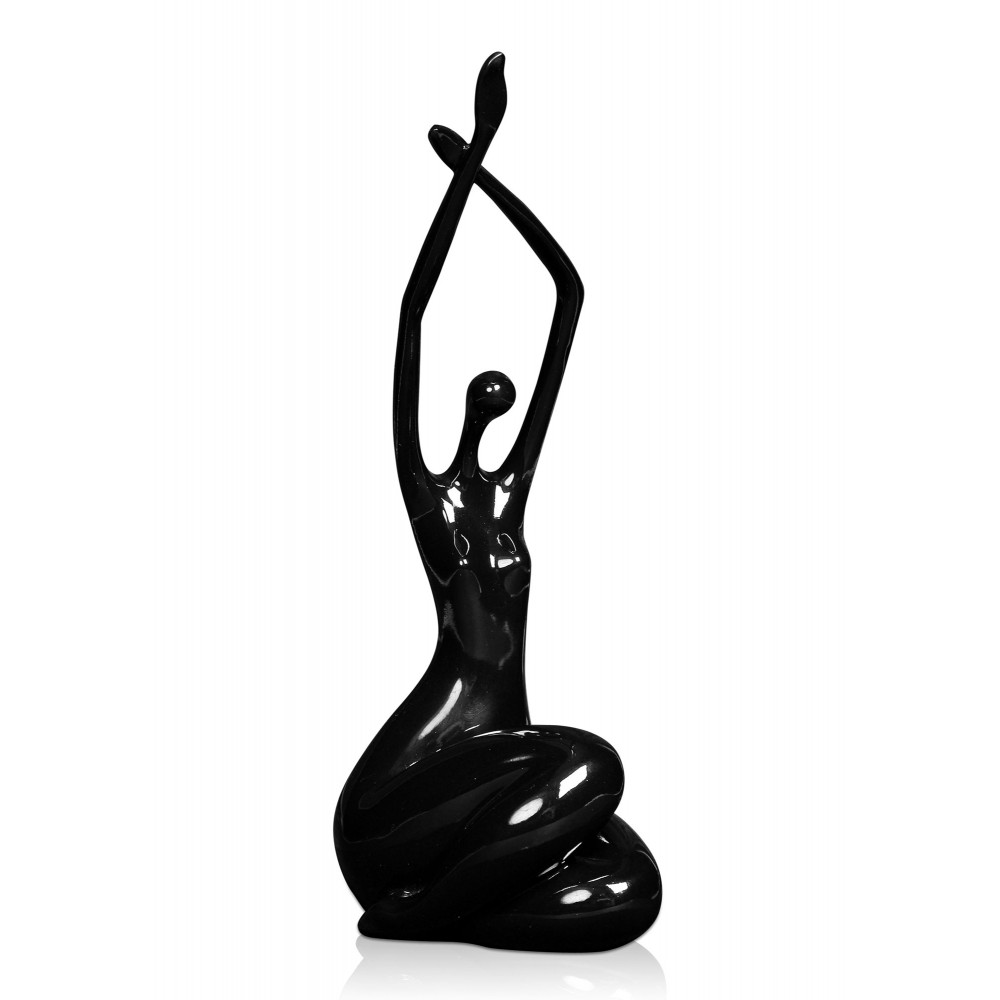 Statuetta figurativa in resina rappresentante un soggetto femminile con braccia sollevate in alto in colore nero