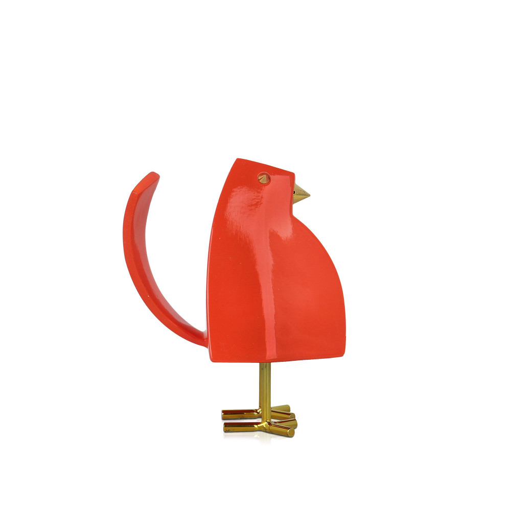 Profilo statuetta in resina di un uccellino arancione con finitura lucida e dettagli color oro