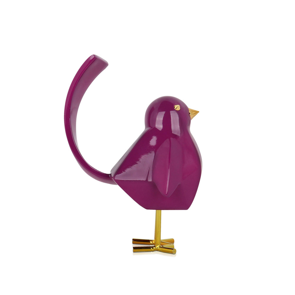 Profilo scultura in resina di un uccellino viola con finitura lucida e dettagli color oro