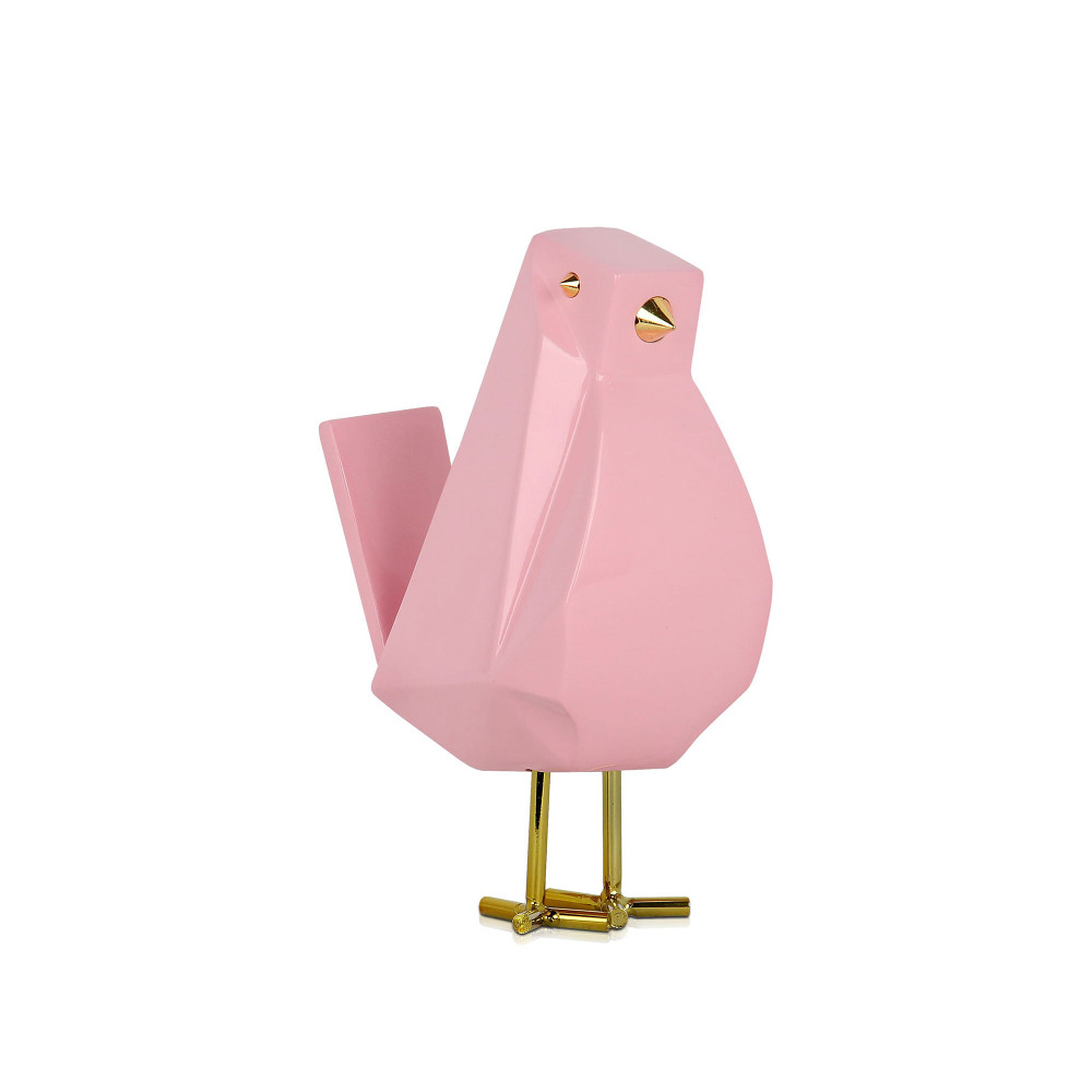 Scultura in resina rosa raffigurante in forma stilizzata un tenero uccellino