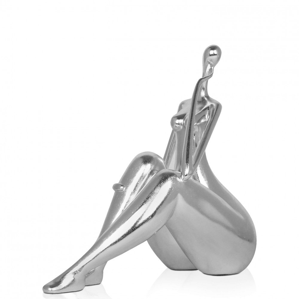 Statuetta moderna realizzata a mano con soggetto femminile color argento in posa riflessiva