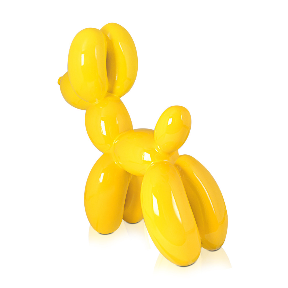 Statuetta moderna in resina con soggetto un palloncino a forma di cane giallo prospettiva posteriore