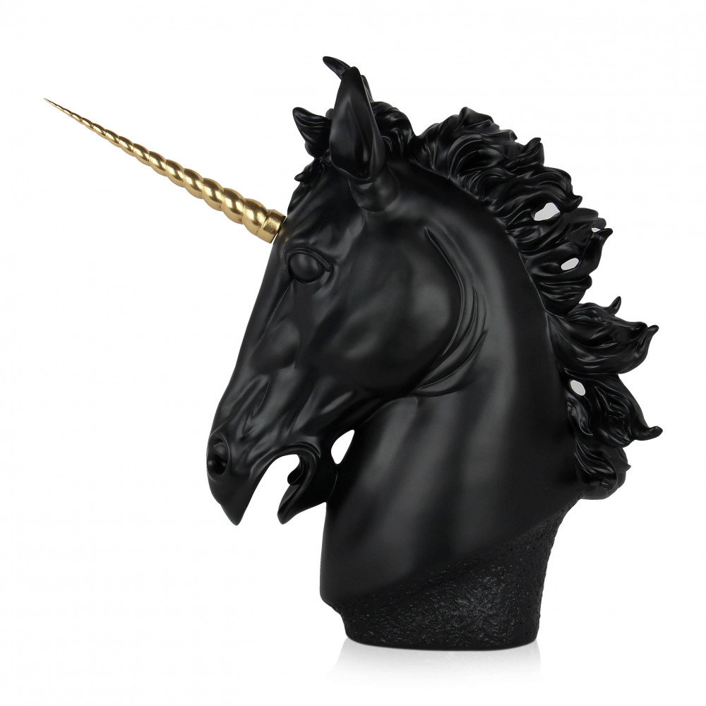 Scultura in resina di un unicorno nero con corno color oro vista di lato